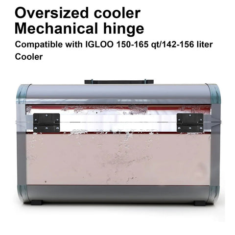 Replacement Igloo Cooler Hinges 2 Pack For 150 To 165 Qt Coolers front view showing mechanical hinges installed on cooler.