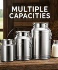 Top Shelf 304 Stainless Steel Water Dispenser With Airtight Lid And Snap Latches, Zero Drip Spigot For Hauling Wine Oil Or Milk, Backyard Ready Liquid Storage Barrel, 23 Gallon Tank, displayed in multiple sizes with milk bottle.