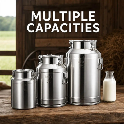 Top Shelf 304 Stainless Steel Water Dispenser With Airtight Lid And Snap Latches, Zero Drip Spigot For Hauling Wine Oil Or Milk, Backyard Ready Liquid Storage Barrel, 23 Gallon Tank, displayed in multiple sizes with milk bottle.