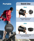 Heavy Duty Portable Folding Toilet For Camping And Travel, Ultra Portable 400 Lb Capacity, Space Saving Folded Size 12.5 By 12.5 By 3 Inches, Includes Lid, Waste Bags And Gel Packs, Ready For Outdoors RV Hiking And Emergency Potty shown in use by hiker and detailed folding mechanism