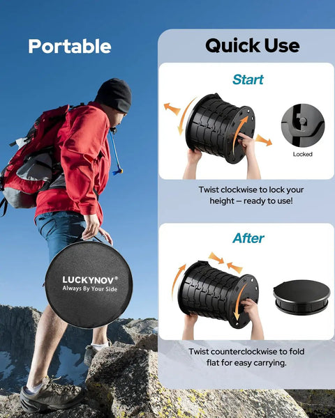 Heavy Duty Portable Folding Toilet For Camping And Travel, Ultra Portable 400 Lb Capacity, Space Saving Folded Size 12.5 By 12.5 By 3 Inches, Includes Lid, Waste Bags And Gel Packs, Ready For Outdoors RV Hiking And Emergency Potty shown in use by hiker and detailed folding mechanism