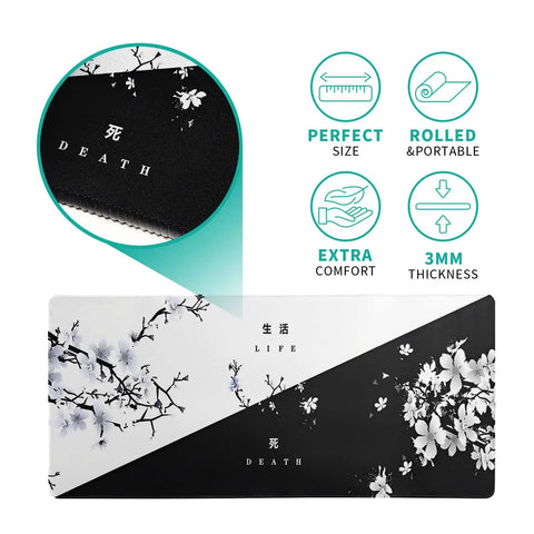 Extended Black And White Sakura Cherry Blossom Desk Pad For Gaming Office Or Home Setup, 31.5 By 11.8 Inches Non Slip Rubber Base