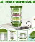 4-Tier Sprouts Growing Kit With Drain Hose And Ventilation Holes in use on kitchen counter, stackable design, soil-free sprouter.