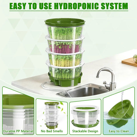 4-Tier Sprouts Growing Kit With Drain Hose And Ventilation Holes in use on kitchen counter, stackable design, soil-free sprouter.