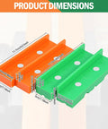 Pro Level Knockout Magnetic Vise Jaw Pads 2 Pack, dimensions of green and orange pads for bench vise and metalworking.