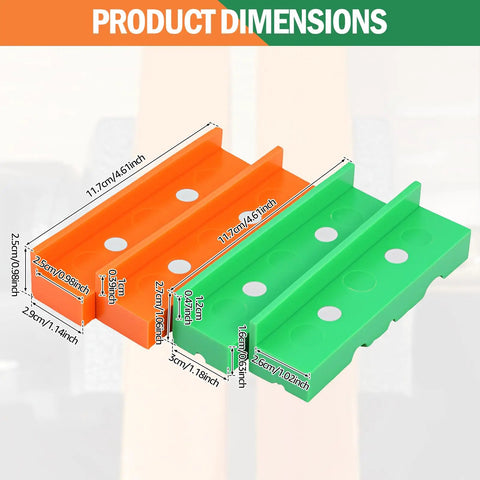 Pro Level Knockout Magnetic Vise Jaw Pads 2 Pack, dimensions of green and orange pads for bench vise and metalworking.