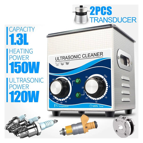 Heavy Duty 1.3L Ultrasonic Cleaner Machine With Cooling Fan And Double Safety Switch, displaying controls and fuel injectors.