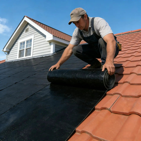 Installing Pro Grade Self Adhesive Waterproof Roofing Membrane Roll Peel And Stick Leak Proof Sealant Tape on a sloped roof.