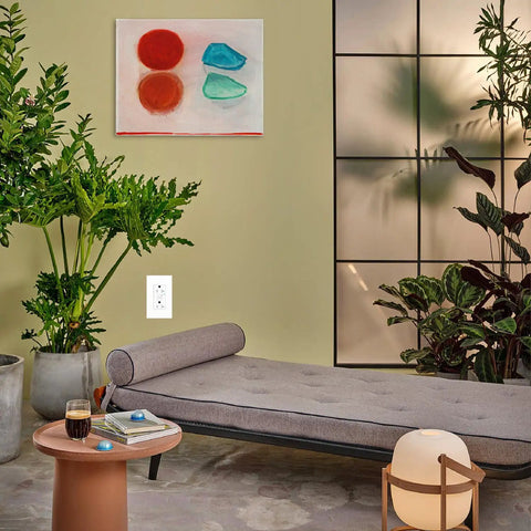GFCI Outlet 20 Amp Self Test With LED Indicator, Weather Resistant, Indoor Or Outdoor Use on living room wall