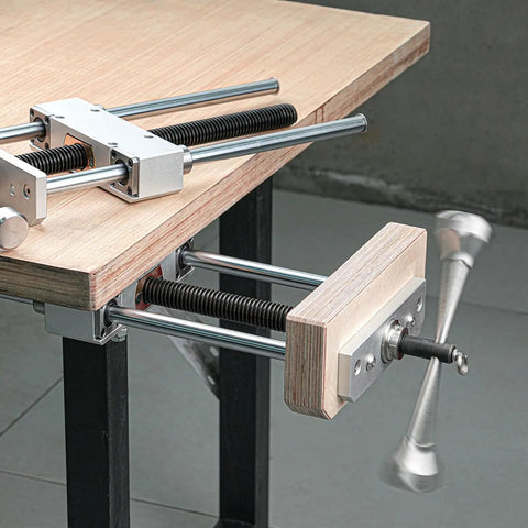 Heavy Duty CNC Machined Woodworking Vise Clamp Fixture For Workbench With Non Slip Grip Design, showing solid grip and adjustable clamps.