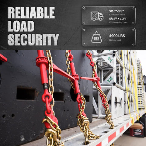 Heavy Duty Ratchet Chain Binder Set 2 Pack 3/8 to 5/16 Inch G80 Chain 10 Foot Long 4900 Lbs Working Load Limit Hauling Tie Down for Flatbed Truck Trailer securing cargo on a flatbed truck.