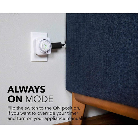 No Fuss Turn Dial Countdown Timer With 3-Prong Grounded Outlet plugged in beside a blue sofa promoting always on mode.