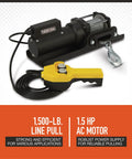 AC Powered Electric Winch For Heavy Duty Lifting With 1500 Lb Capacity, 120 Volt 1.5 HP Motor, 35 Feet Wire Rope, Aircraft Grade Galvanized Cable, 153:1 Gear, 10 Feet Per Minute Line Speed, Auto Braking And Free Spool. with hook and remote control