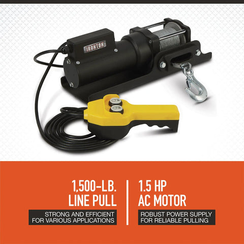 AC Powered Electric Winch For Heavy Duty Lifting With 1500 Lb Capacity, 120 Volt 1.5 HP Motor, 35 Feet Wire Rope, Aircraft Grade Galvanized Cable, 153:1 Gear, 10 Feet Per Minute Line Speed, Auto Braking And Free Spool. with hook and remote control