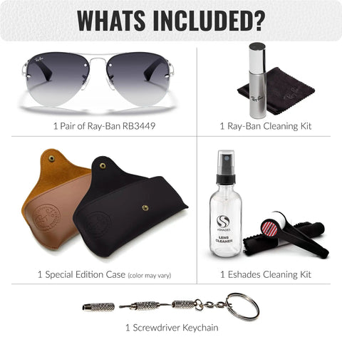 RB3449 Pilot Shape Nonpolarized Sunglasses with gray gradient lenses, cleaning kits, special edition case, and screwdriver keychain.