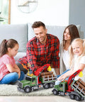 Family playing with Big Tow Truck With Crane For Kids Ages 4 To 12 Logging Truck With Music And Lights toy vehicle indoors