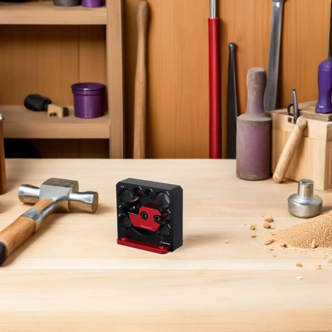 Premium Adjustable Dowel Cutter Jig With 8 Precision Holes For Drill, Cnc Aluminum Alloy Woodworking Tool on workbench.