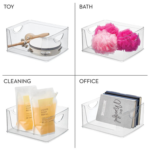 Stackable Open Front Kitchen Storage Bin With Handles Clear Plastic Organizer For Pantry Cabinets And Drawers See Through Design For Quick Access Durable Made In USA Storage Solution showing different uses including toys, bath items, cleaning supplies, and office storage.