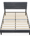 Queen Velvet Upholstered Bed Frame With Tufted Headboard And Reinforced Wood Slats Heavy Duty 1500 Lbs Support Zero Box Spring Needed Easy Assembly view from the front showing slats and grey finish.