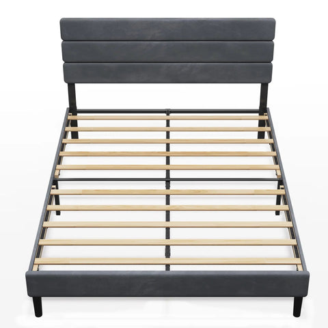 Queen Velvet Upholstered Bed Frame With Tufted Headboard And Reinforced Wood Slats Heavy Duty 1500 Lbs Support Zero Box Spring Needed Easy Assembly view from the front showing slats and grey finish.