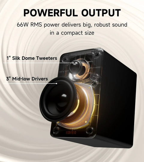Close-up of M60 Desktop Bluetooth Speaker System with 3" mid bass and 1" tweeter, showcasing powerful 66W RMS output.