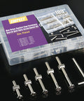 100 Piece Crib Hardware Screw Kit With Nickel Plated M6 Hex Socket Head Screws, Barrel Nuts, Allen Wrench Displayed