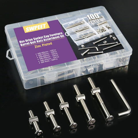 100 Piece Crib Hardware Screw Kit With Nickel Plated M6 Hex Socket Head Screws, Barrel Nuts, Allen Wrench Displayed