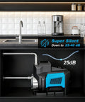 Powerful 750W Whole House Water Pressure Booster Pump under kitchen sink, low noise operation, smart variable speed, showcasing 25dB level