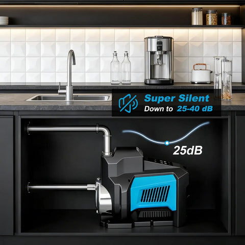 Powerful 750W Whole House Water Pressure Booster Pump under kitchen sink, low noise operation, smart variable speed, showcasing 25dB level