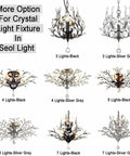 Various crystal branch chandeliers with different light counts, finishes, and styles displayed in a grid.