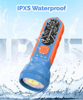 Kid Friendly Rechargeable LED Flashlight With Fun DIY Stickers, 6 Light Modes, Adjustable Brightness, 1500mAh Battery, IPX5 Waterproof For Camping, Home And Emergency Use in water splash background.