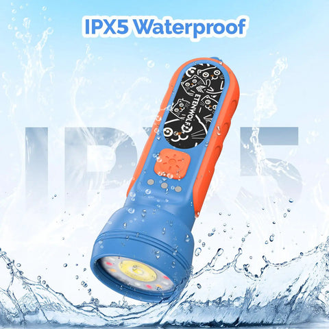 Kid Friendly Rechargeable LED Flashlight With Fun DIY Stickers, 6 Light Modes, Adjustable Brightness, 1500mAh Battery, IPX5 Waterproof For Camping, Home And Emergency Use in water splash background.