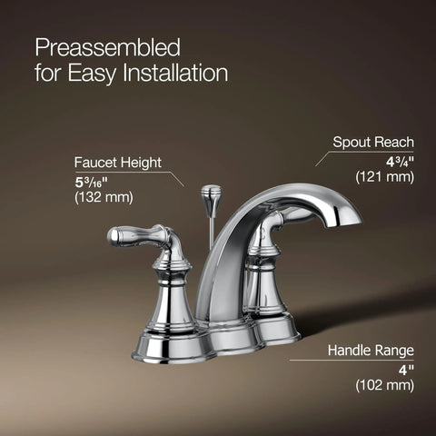 Devonshire Centerset Bathroom Faucet 4-Inch 2-Handle With Pop-Up Drain, polished chrome, spout reach 4 3/4 inches