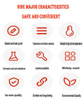 Infographic displaying nine characteristics of a product: sealed, compression resistance, temperature resistance, corrosion resistance, removable, widely used, even quality, durable, environmental quality.