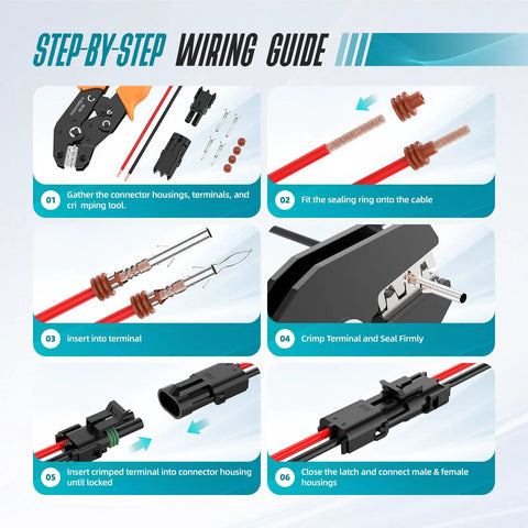 Premium 2 Pin Automotive Waterproof Connector Kit With Removal Tool Sealed Male Female Terminals For Car Truck Marine Boat Motorbike Wiring Repairs Fits 14-18 AWG Heavy Duty Electrical Harnesses wiring guide with crimping steps