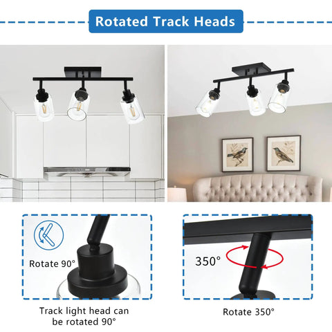 Three Light Black Vanity Light Bar With Rotating Track Heads and Clear Glass Shade 20.5 Inch Ceiling Fixture, rotating details