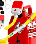No Sweat Portable Fuel Transfer Pump With Smart Auto Stop Shutoff 3.8 Gallons Per Minute showing red and yellow design with adapters.