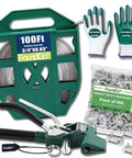 Stainless Steel Strapping Banding Kit With Ratchet Tensioner And Cutting Tool For Three Quarters Inch By One Hundred Feet Of 304 Stainless Steel Banding Includes 100 Buckles, Hammer, And Work Gloves