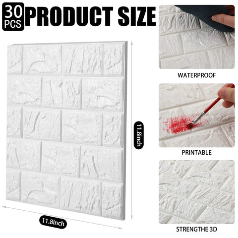 30 Piece 3D White Brick Peel And Stick Foam Wall Panels For A Quick Home Flip Featuring No Fuss Renter Friendly Install And Subtle Sound Dampening For A Slick Modern Surface Zero Stress Decor; shows panel dimensions 11.8 inches.