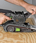 Single Lever Belt Sander 3 Inch By 21 Inch Variable Speed with Quick Change Belt Adjustable Front Handle Dust Collection Bag Grey in use