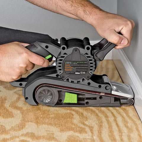 Single Lever Belt Sander 3 Inch By 21 Inch Variable Speed with Quick Change Belt Adjustable Front Handle Dust Collection Bag Grey in use