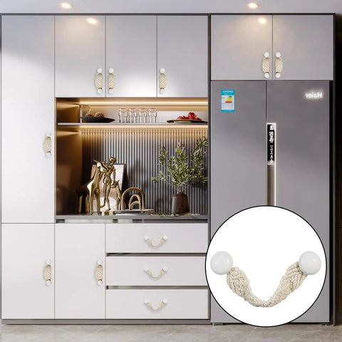 Modern kitchen with Bohemian Style Braided Rope Wooden Cabinet Pulls 4 Pack Hand Woven Cotton Rope Handles, white cross knot design.