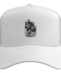 Cool White Trucker Hat For Machinist Guys Featuring Vise Gauge Square Design And Cnc Tool Edge Print With Adjustable Mesh Back For Perfect Fit All Day - front view showing gear graphic