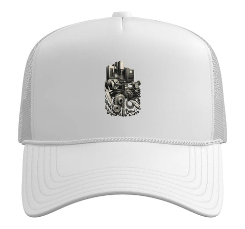 Cool White Trucker Hat For Machinist Guys Featuring Vise Gauge Square Design And Cnc Tool Edge Print With Adjustable Mesh Back For Perfect Fit All Day - front view showing gear graphic