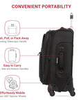 Side view of black softside expandable spinner luggage showing handles and wheels, 21-inch carry on with smooth rolling design