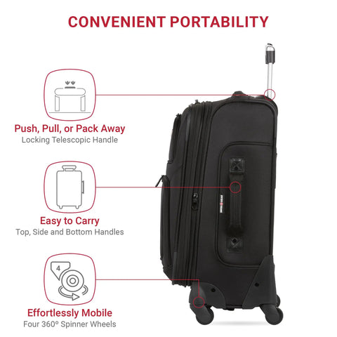 Side view of black softside expandable spinner luggage showing handles and wheels, 21-inch carry on with smooth rolling design