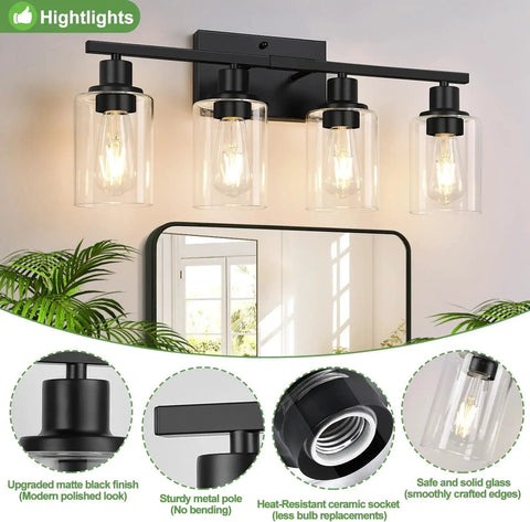 Sleek Matte Black Four Light Bathroom Vanity Wall Lamp With Thick Clear Glass Shades For Mirror Or Porch Zero Drama Install Built Different Straight Fire Home Glow showing strong metal build and clear glass shades.