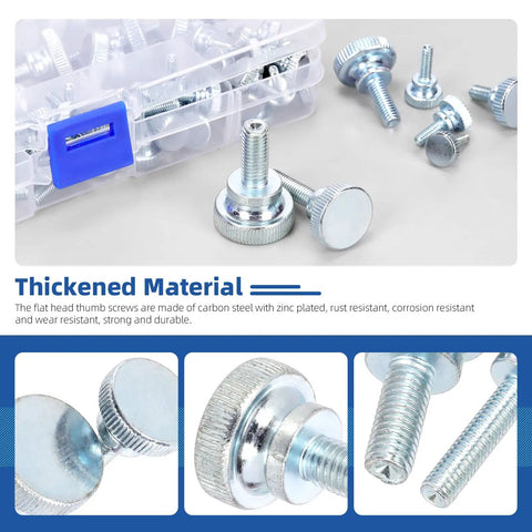 Dang Good Grip Smooth Rolling Knurled Thumb Screws M3 M4 M5 M6 M8 Fully Threaded Bolts with flat heads in a clear storage case.