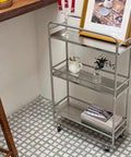 Slick Rolling Kitchen Island Trolley With Ample Storage Shelves And Quiet Locking Wheels For Mobile Coffee Bar Station, stainless steel.