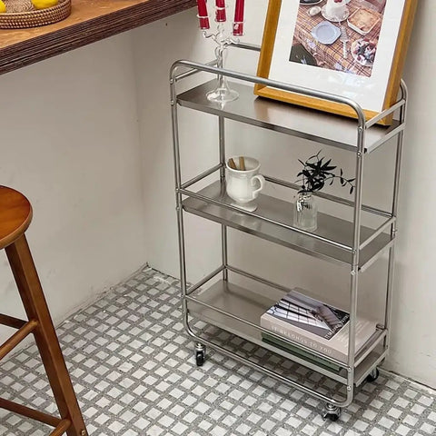 Slick Rolling Kitchen Island Trolley With Ample Storage Shelves And Quiet Locking Wheels For Mobile Coffee Bar Station, stainless steel.